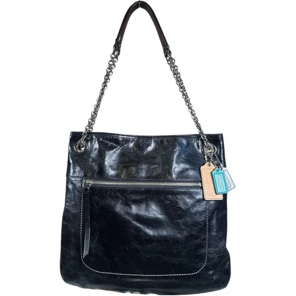 Coach Poppy EUC Slim Black Crackled Leather Convertible Bag - Picture 4 of 16